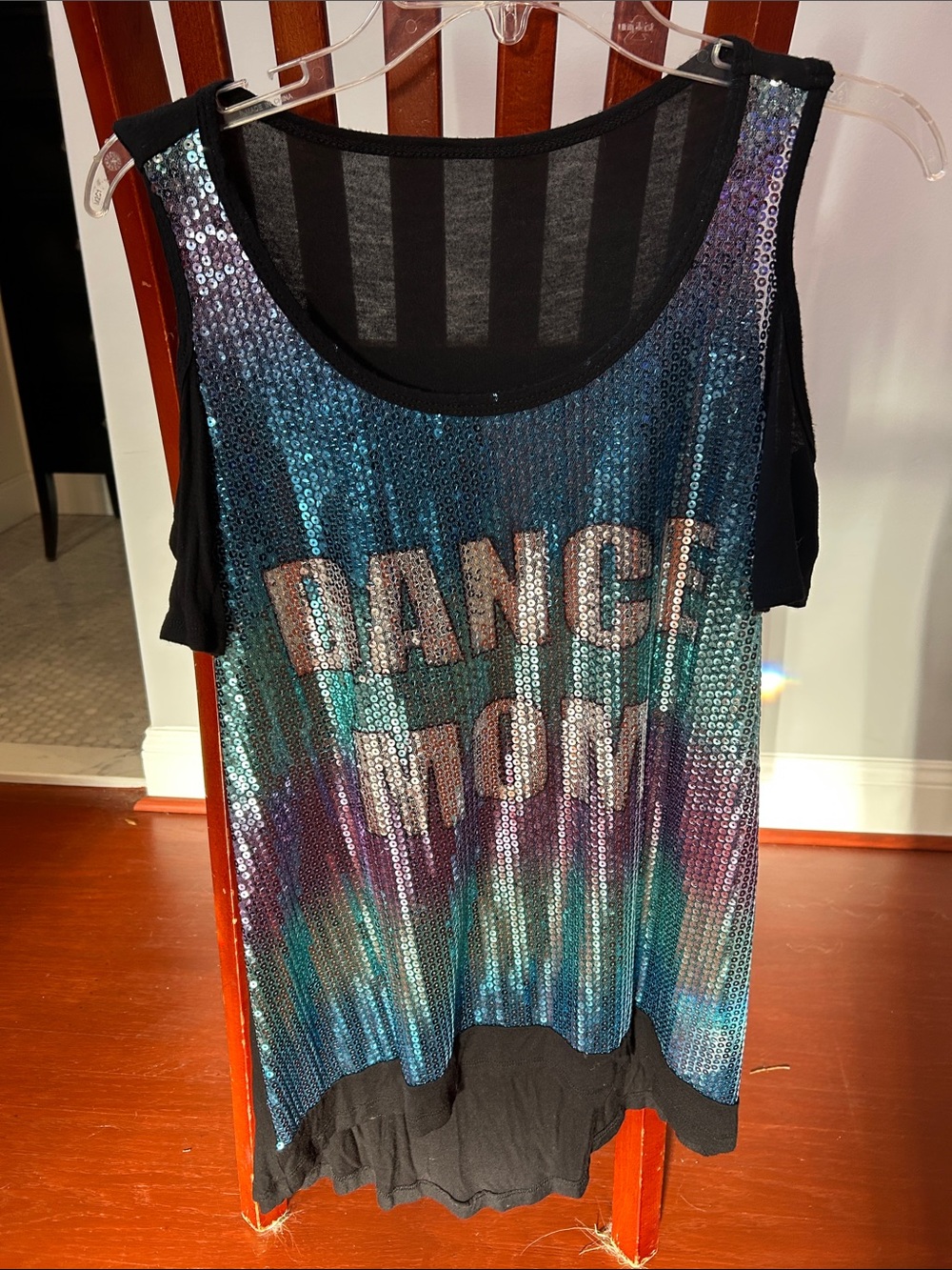 Sequin Tank Top with 'Dance More' Slogan - Black / Teal